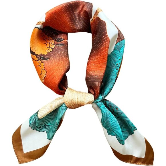 Accessories - Silk Feel 03 Orange Floral Edge Satin Square Head Scarf for Women Medium 28 Inch